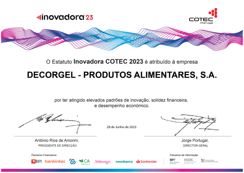 Estatuto Inovadora COTEC 2023 atribuído à empresa Decorgel - Produtos Alimentares, S. A. 